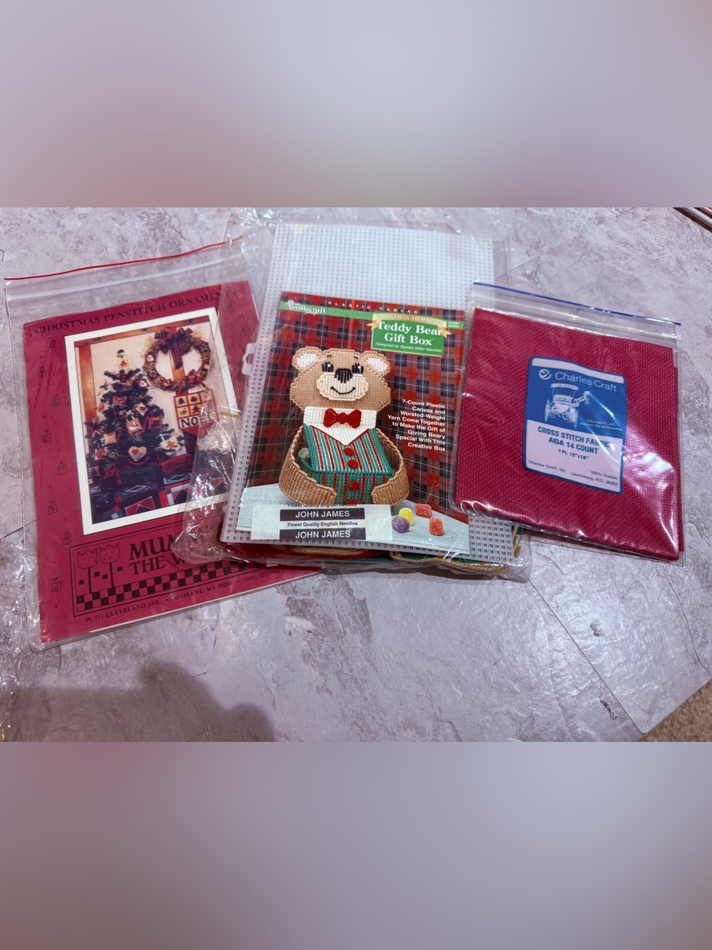 Vintage Christmas Needlework Lot: Plastic Canvas Teddy Bear Kit, Cross Stitch
